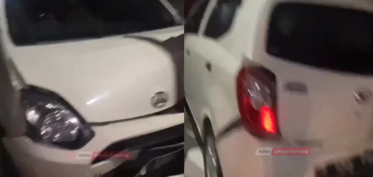 Tabrak lari di Jalan Dokter Cipto Semarang, pengemudi Brio seruduk mobil Ayla hingga ringsek seusai tabrak orang, Senin 26 Juni 2023 dini hari. (Sumber : Instagram @kejadiansmg)