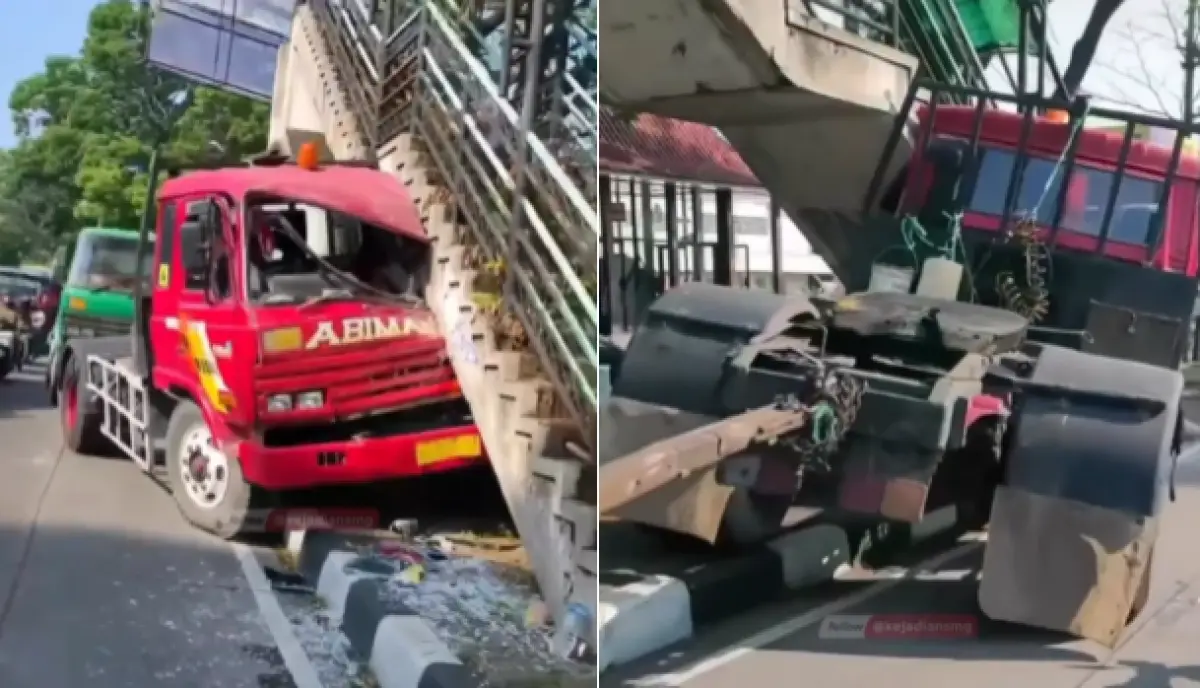 Truk yang menderek kepala truk lainnya tanpa muatan menabrak tangga beton bekas jembatan penyeberangan orang di lampu merah Terminal Banyumanik, Semarang, Senin 26 Juni 2023 pukul 09.00 WIB. (Sumber : Instagram @kejadiansmg)