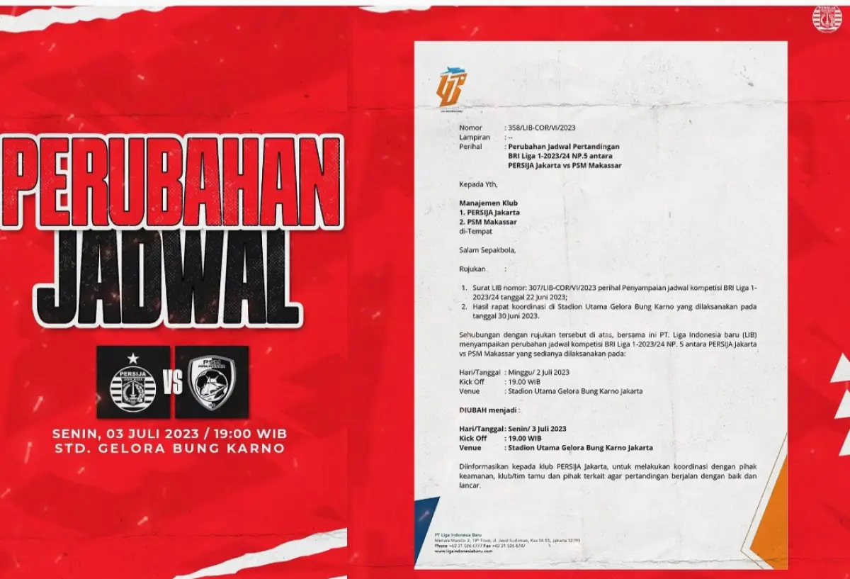 Pertandingan pembuka di Liga 1 Indonesia 2023/2024 antara Persija Jakarta vs PSM Makassar harus ditunda. (Sumber : Twitter)