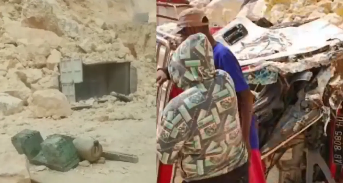 Sopir truk tewas di dalam truk setelah tertimbun longsor batu kapur di Sukolilo, Pati, Minggu 2 Juli 2023. (Sumber : Instagram @batanginfo.id)