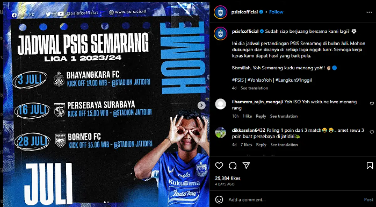 Jadwal PSIS Semarang di BRI Liga 1 2023 usai vs Bhayangkara FC di Juli 2023.