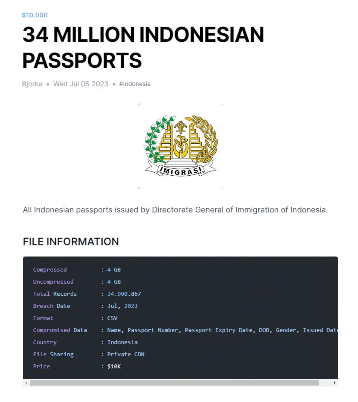 Tangkapan layar dugaan data 34 juta paspor warga negara Indonesia bocor dan diperjualbelikan di internet.