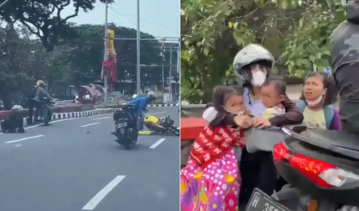 Kecelakaan di pertigaan Kaliwiru, Candisari, Semarang, pengendara Ninja hantam ibu yang bonceng 3 anak, Selasa 4 Juli 2023. (Sumber : Instagram @infokejadiansemarang.new)