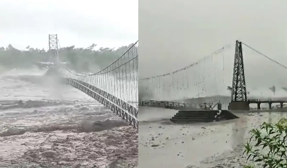 Jembatan Kali Regoyo putus setelah banjir lahar dingin Gunung Semeru menerjang Kecamatan Candipuro, Kabupaten Lumajang, Jumat 7 Juli 2023. (Sumber : Twitter @alwihusin)