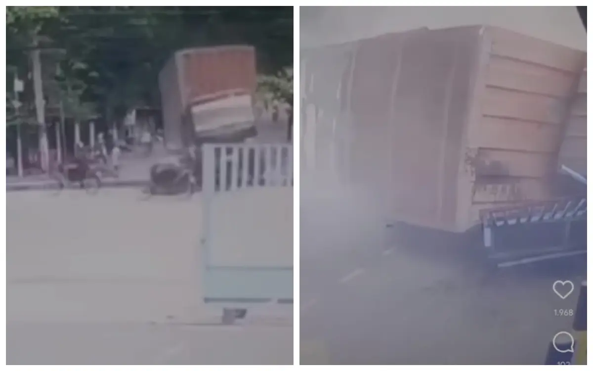 Truk kontainer mengalami rem blong di Jalan Raya Tambak Aji, Kota Semarang. (Sumber : Dok CCTV Indofood FID)