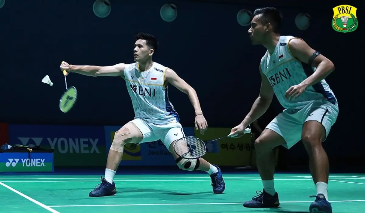 Pramudya Kusumawardana/Yeremia Erich Yoche Yacob Rambitan yang berhasil mengalahkan wakil Denmark, Jeppe Bay/Lasse, di babak 32 besar Korea Open 2023, Selasa 18 Juli 2023. (Sumber : PBSI)