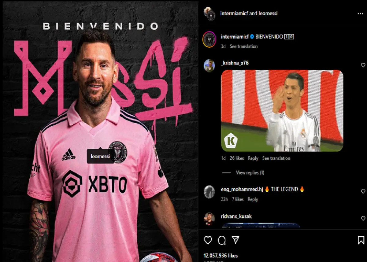 Unggahan Instagram Inter Miami terkait perkenalan Lionel Messi. Messi mengalahkan rekor Cristiano Ronaldo terkait jumlah penonton saat perkenalan ke publik.