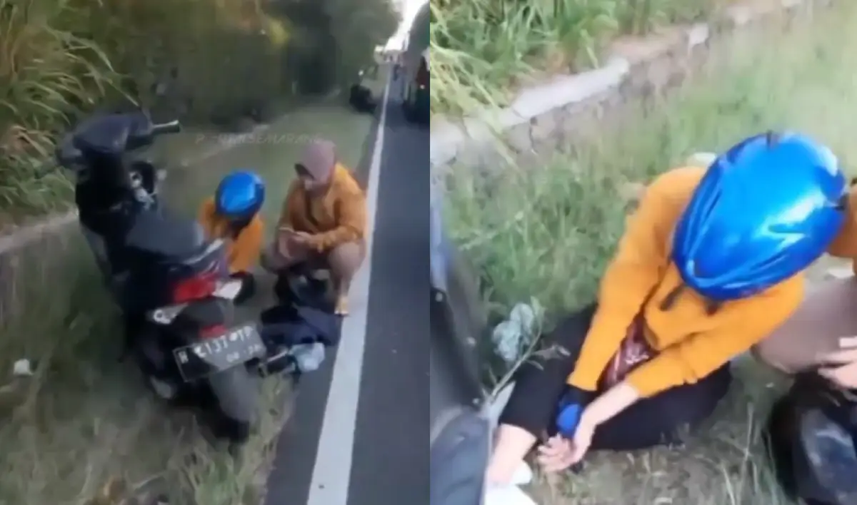 Pengendara motor jatuh setelah tertubruk baliho partai yang dipasang di pinggir Jalan Banaran, Bawen, Kabupaten Semarang, Kamis 20 Juli 2023. (Sumber : Instagram @portalsemarang)