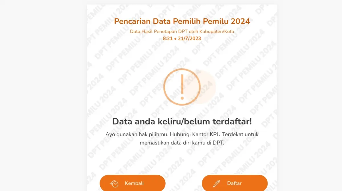 Tangkapan layar hasil cek nama di daftar pemilih tetap (DPT) Pemilu 2024.