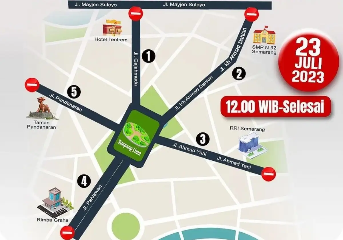 Info pengalihan arus kawasan Simpang Lima hari ini, Minggu 23 Juli 2023. (Sumber : Dishub Kota Semarang)
