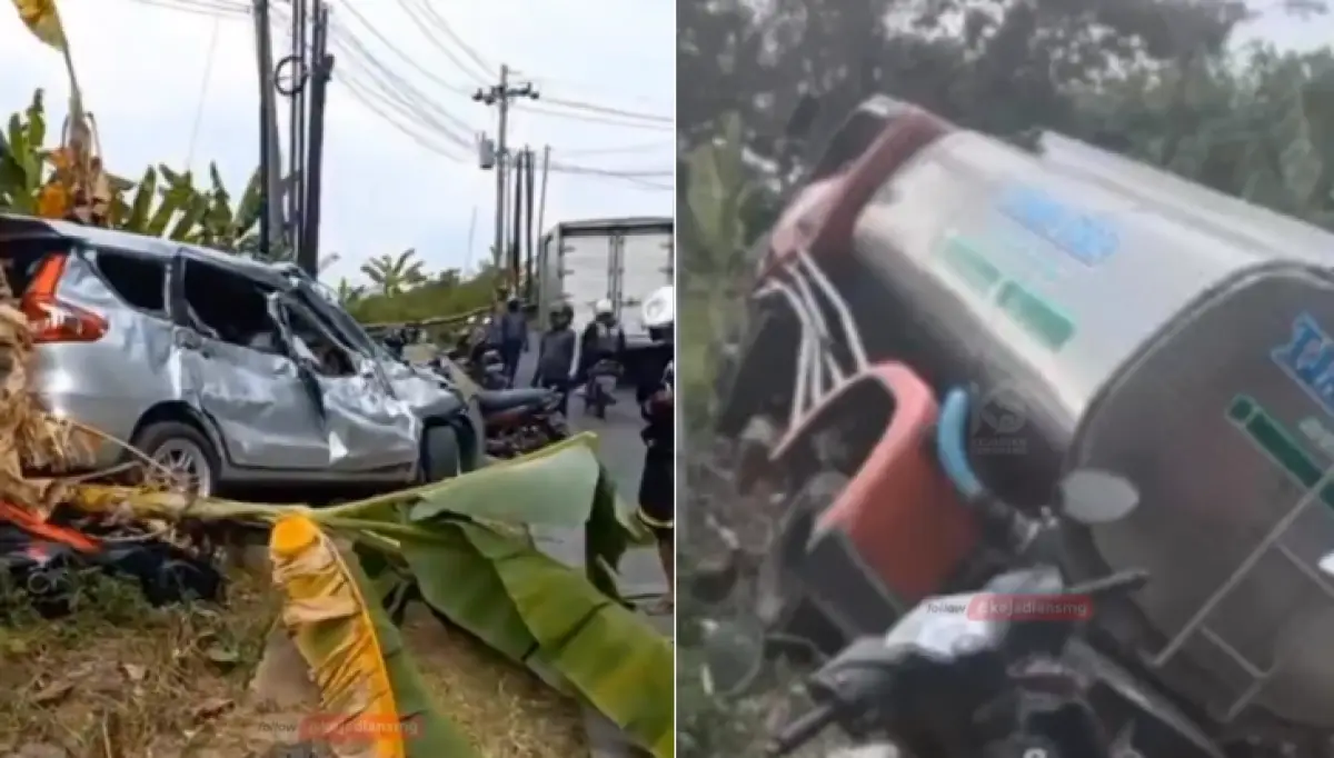Truk pengangkut air yang menabrak sejumlah kendaraan di TPS Jatibarang, Ngaliyan, Semarang, Senin 24 Juli 2023, diduga mengalami rem blong. (Sumber : Instagram @kejadiansmg)