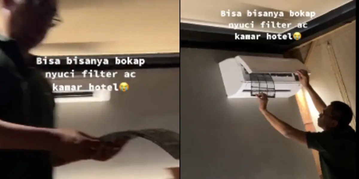Kelewat gabut, pas lagi liburan bapak-bapak ini malah bersihkan filter AC kamar hotel (Sumber : Twitter/@txtdarihotel)