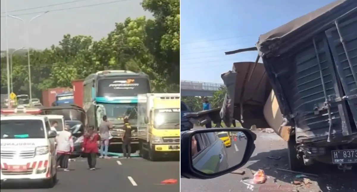 Terjadi kecelakaan karambol di Jalan Tol Gayamsari tepatnya sebelum gerbang pintu keluar pada Rabu 26 Juli 2023 siang, sejumlah kendaraan ringsek. (Sumber : Instagram @kejadiansmg)
