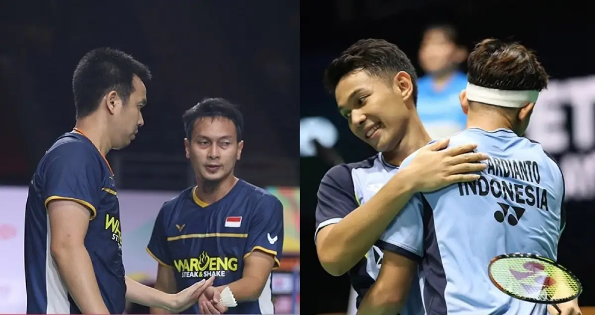 Laga derbi Ahsan/Hendra vs Fajar/Rian di babak perempat final Japan Open 2023, Jumat 28 Juli 2023. (Sumber : Badmintalk Photo)