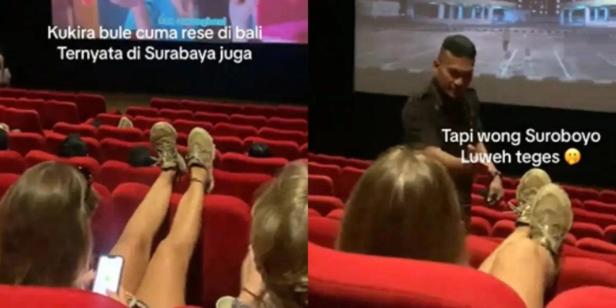 Bule angkat kaki di kursi bisokop Surabaya bikin emosi (Sumber : TikTok/@charmy1997_)