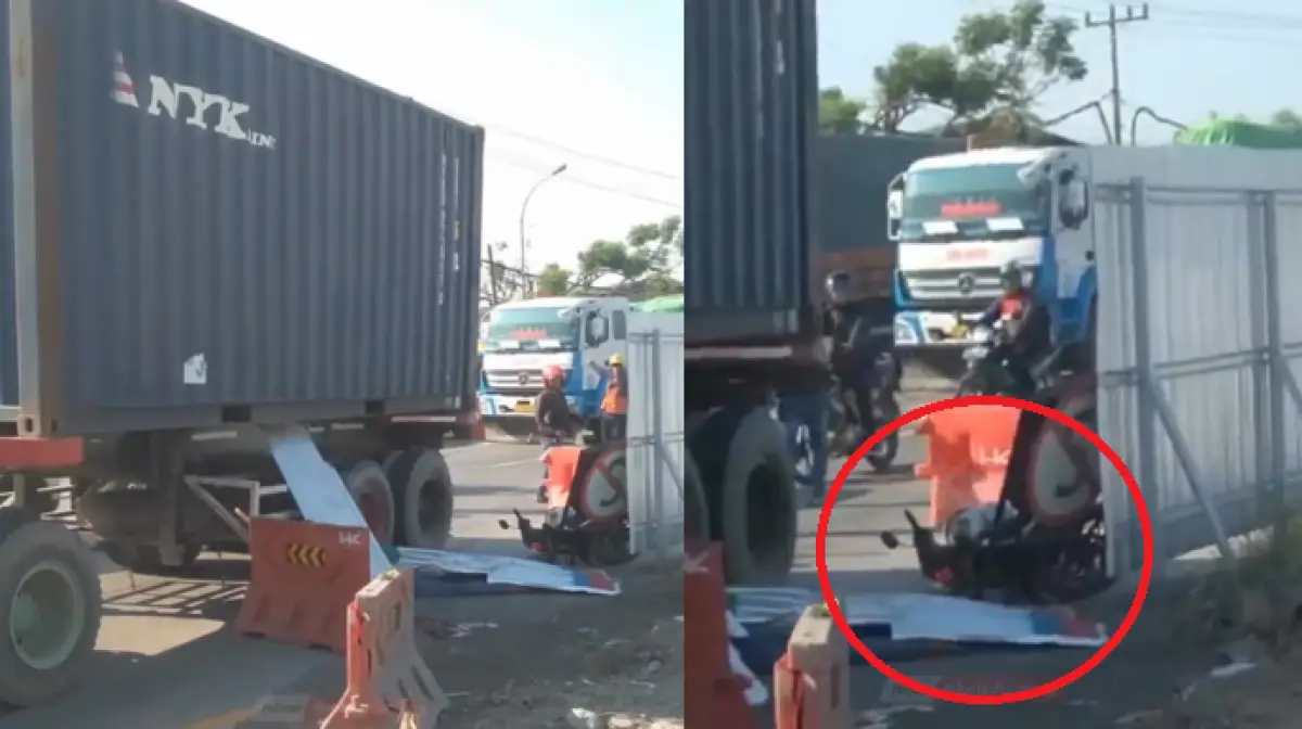 Kecelakaan truk kontainer vs motor di Flyover Kaligawe, Senin 31 Juli 2023 pagi. Pemotor tewas di tempat. (Sumber : Instagram @kejadiansmg)