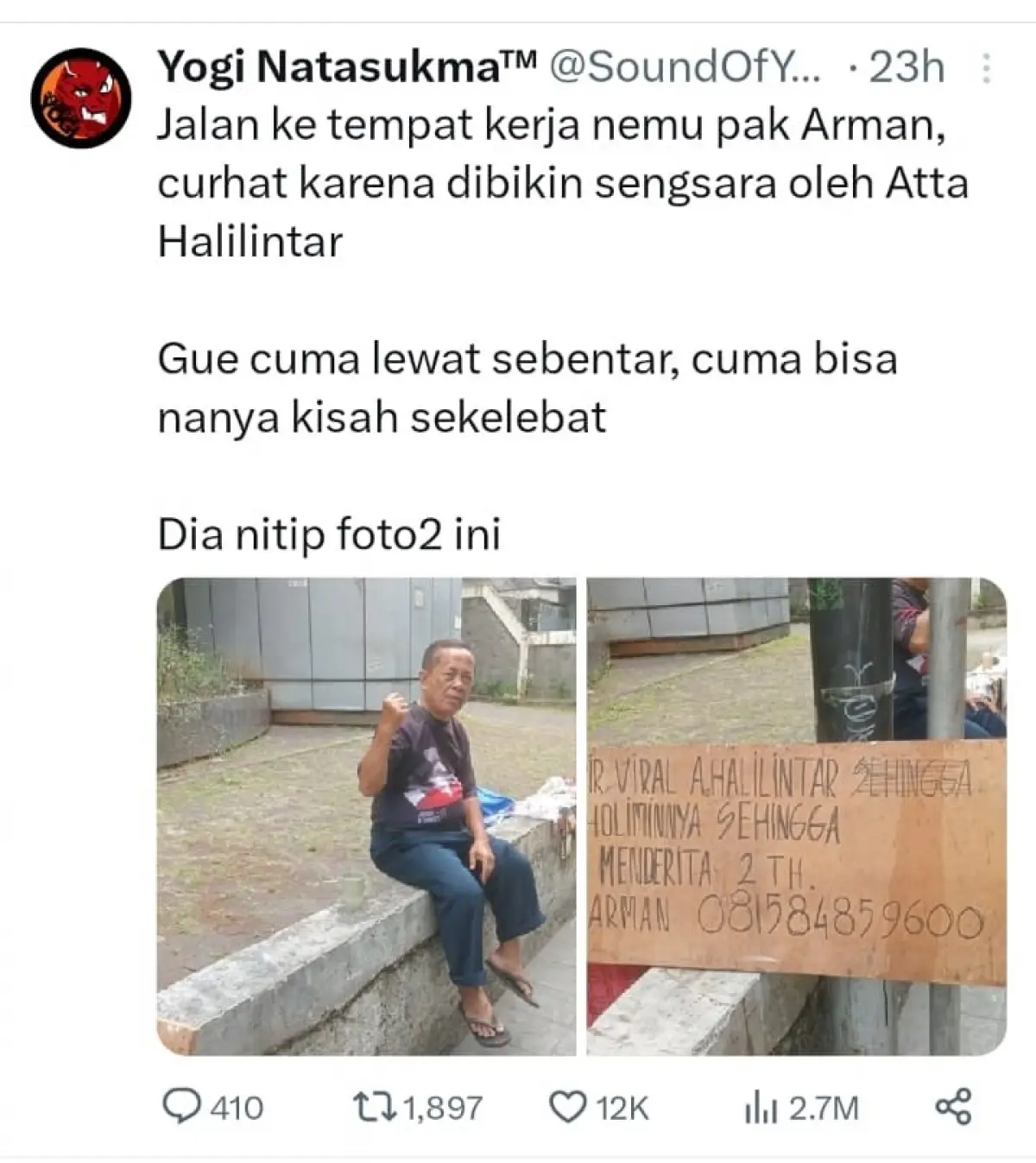 Curhat Hidupnya Menderita Gara-gara Atta Halilintar, Mantan Sopir Sang YouTuber Malah Panen Cibiran (Sumber : twitter)