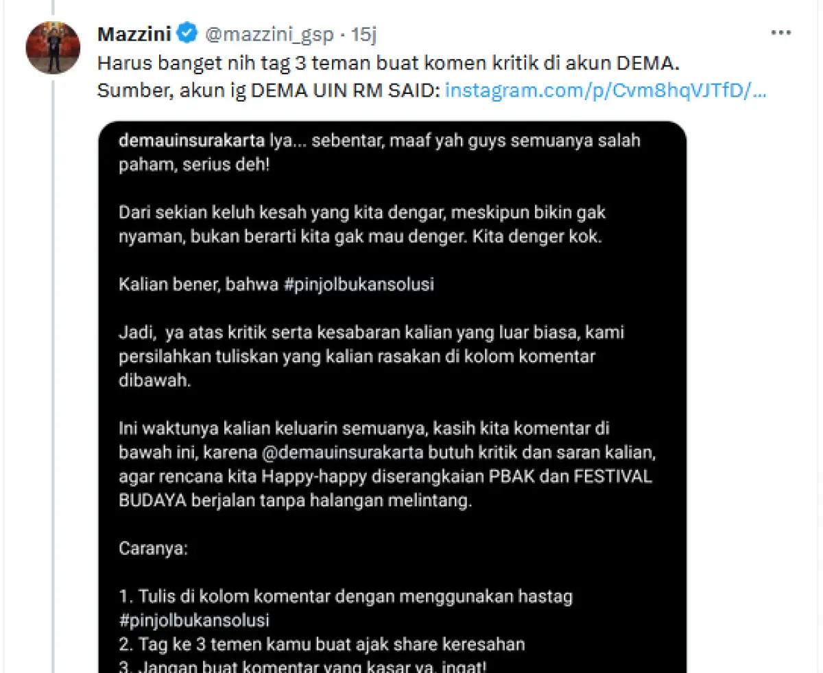 Harus Tag 3 Teman di IG, Postingan Permintaan Maaf Dema UIN Raden Mas Said Surakarta Panen Hujatan (Sumber : Twitter/@mazzini_gsp)
