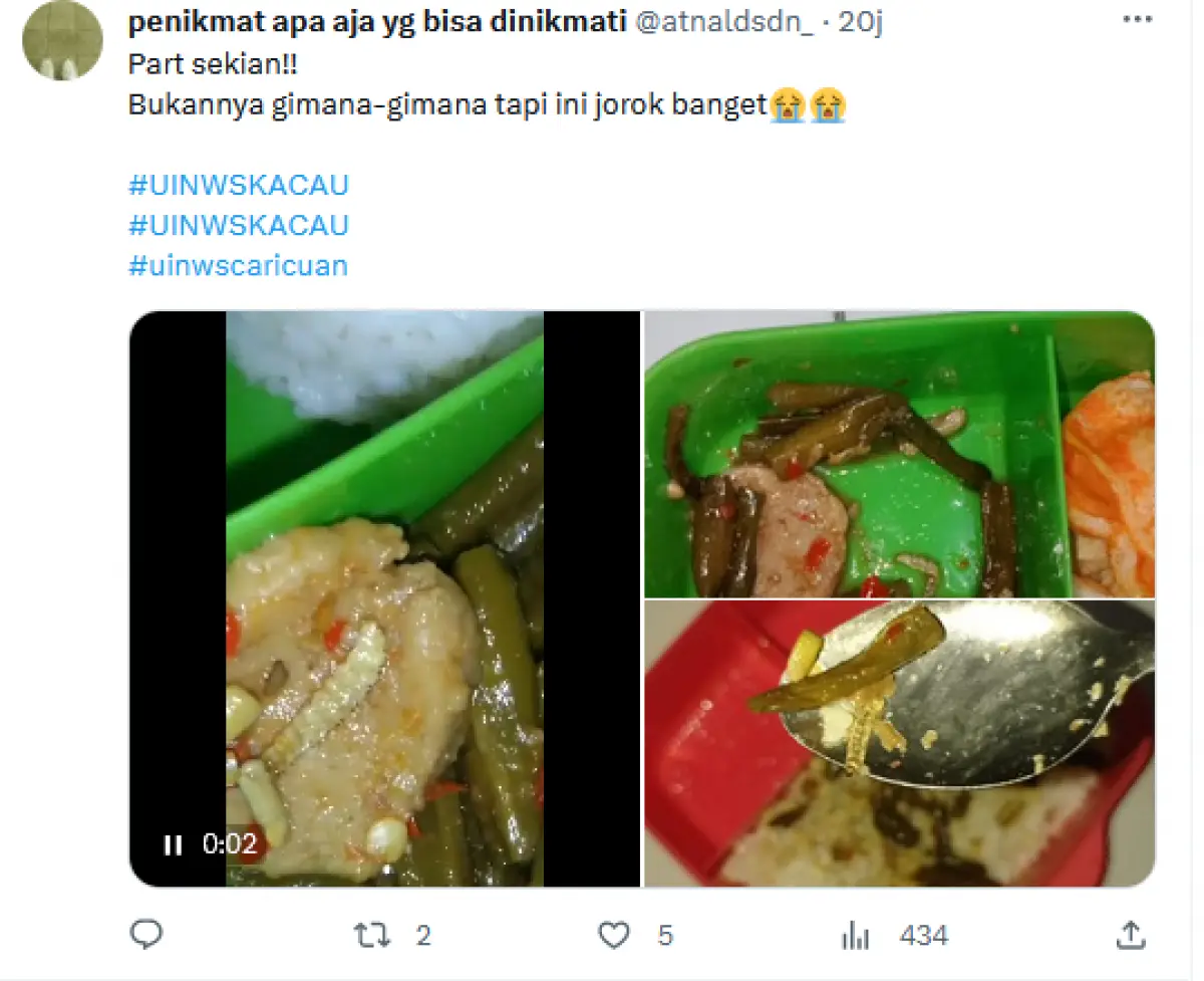 Geger Mahasiswa UIN Walisongo Diberi Makanan Basi, Santri Ini Unggah Bukti Lauk Penuh Ulat (Sumber : Twitter/@atnaldsdn)