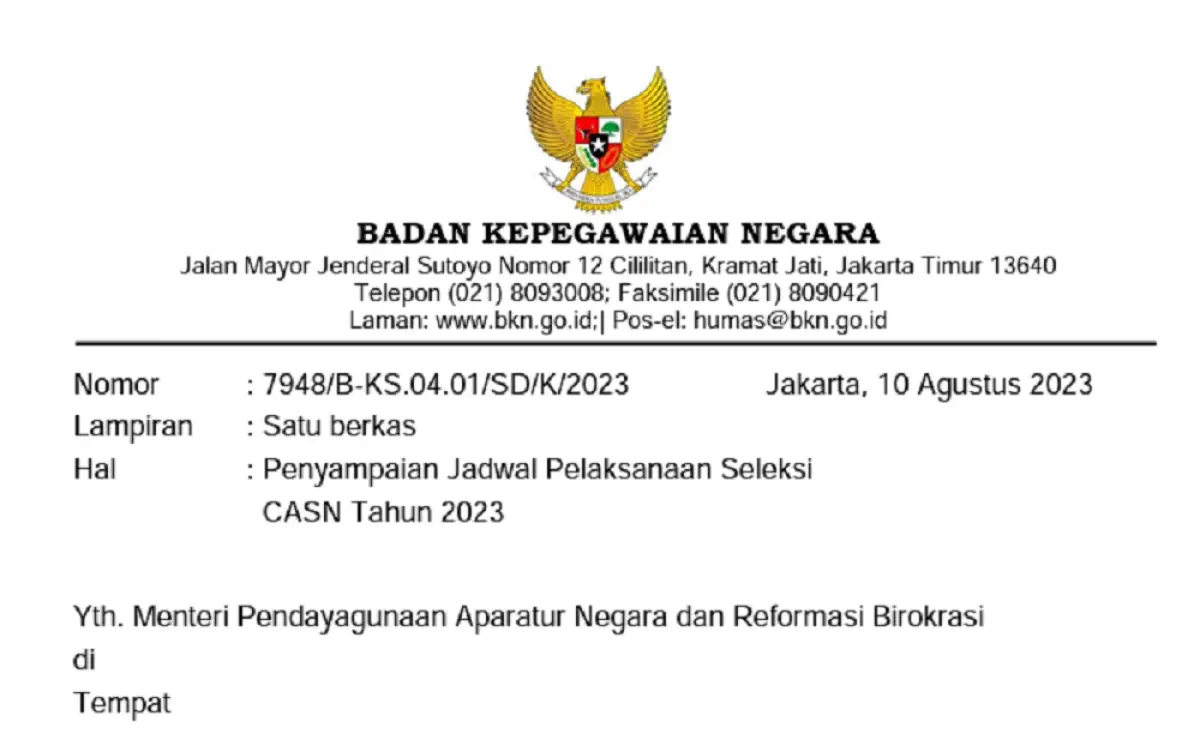 Beredar surat ajuan agar jadwal CPNS 2023 dibuka pada 17 September 2023. Jika sudah disetujui Menpan RB, maka pembukaan CPNS dan PPPK tinggal dilaksanakan di tanggal tersebut!