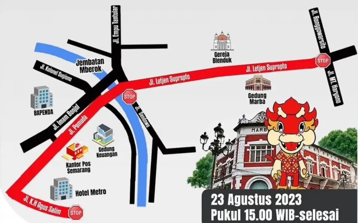 Info pengalihan arus di Jalan KH Agus Salim, Jalan Pemuda dan Jalan Letjen Suprapto Kota Semarang, ada Kirab Budaya Rakernas X JKPI 2023, Rabu 23 Agustus 2023 sore. (Sumber : Pemkot Semarang)