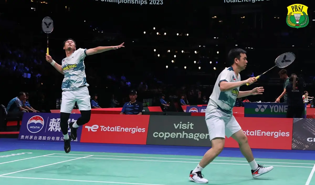 Pasangan Ahsan/Hendra melaju ke perempat final Kejuaraan Dunia 2023 setelah kalahkan wakil Italia, Giovanni Greco/David Salutt, Rabu 23 Agustus 2023. (Sumber : PBSI)
