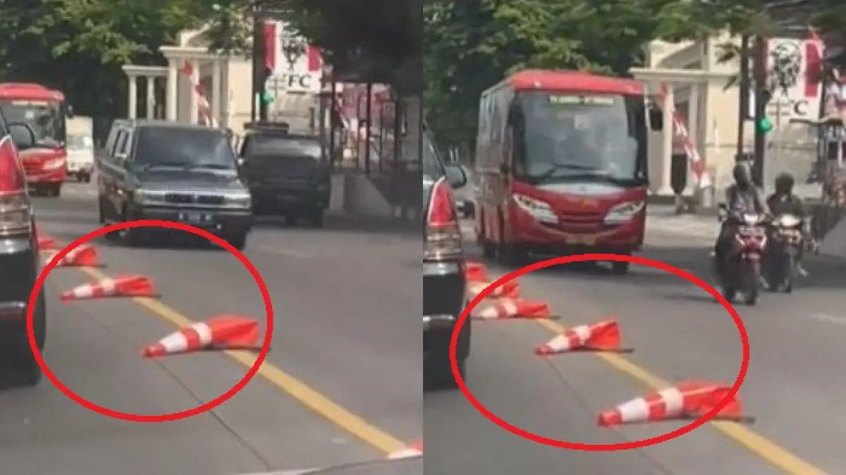 Viral video traffic cone di Jalan Sultan Agung Kota Semarang meleyot, ternyata bukan karena cuaca panas. (Sumber : Twitter/kegblgnunfaedh)