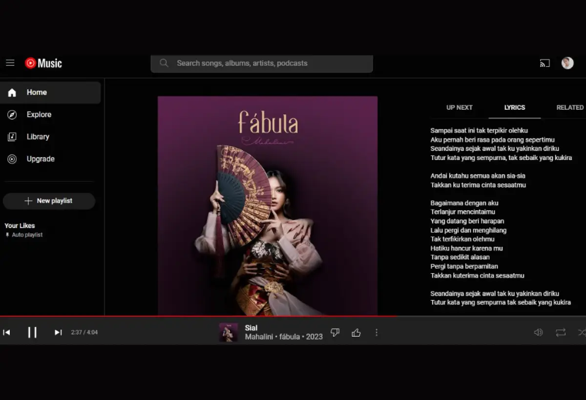 Fitur lirik lagu secara real time kinis udah ada di YouTube Music (Sumber : Tangkapan layar YouTube Music)