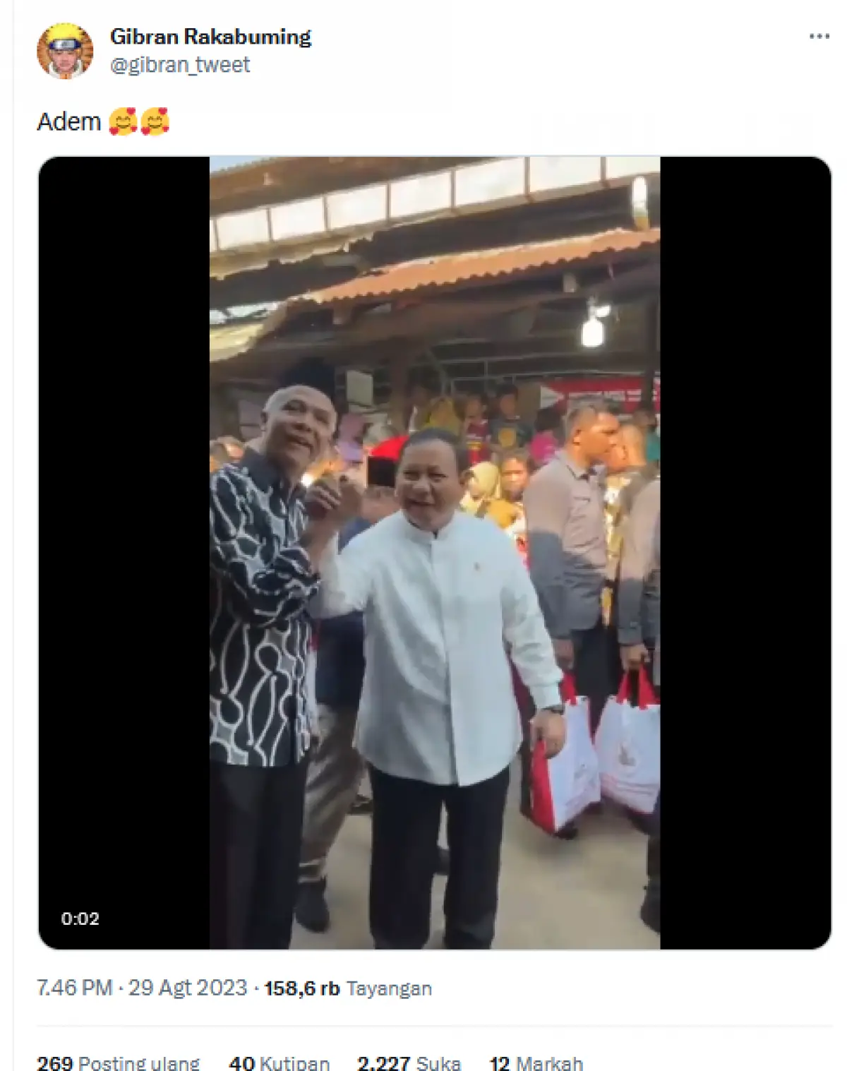 Kemesraan Ganjar dan Prabowo Bikin Gibran Rakabuming Adem, Publik Curiga Jadi Bakal Capres Cawapres (Sumber : Twitter/@gibran_tweet)