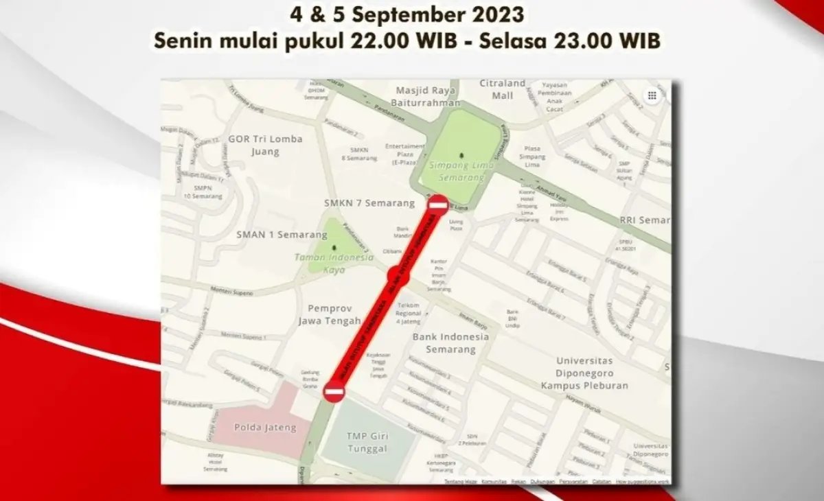 Info pengalihan arus lalu lintas Kota Semarang, Jalan Pahlawan akan ditutup 2 hari pada 4-5 September 2023 mulai Senin malam ini pukul 22.00 WIB. (Sumber : Pemprov Jateng)