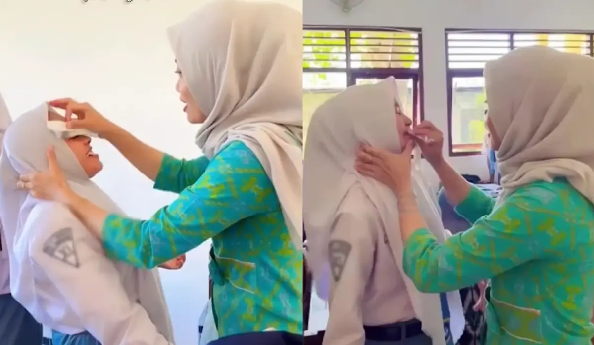 Viral aksi guru perempuan menghapus riasan wajah siswinya satu per satu di dalam kelas di SMAN 1 Bergas Semarang. (Sumber : TikTok @_buhanii)