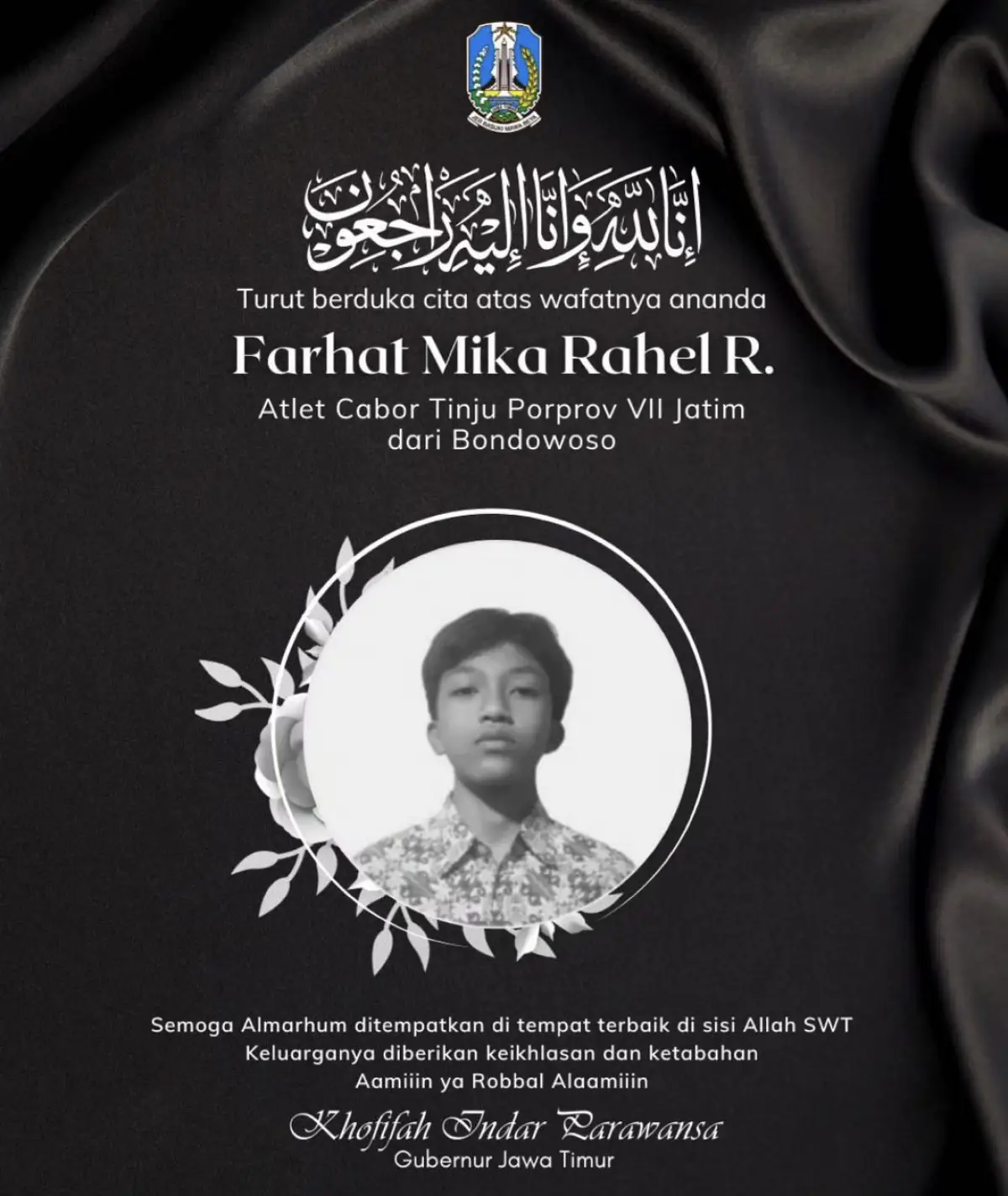 Gubernur Jawa Timur, Khofifah Indar Parawansa turut berduka cita atas kematian atlet tinju di PON Jatim (Sumber : instagram @khofifah.ip)