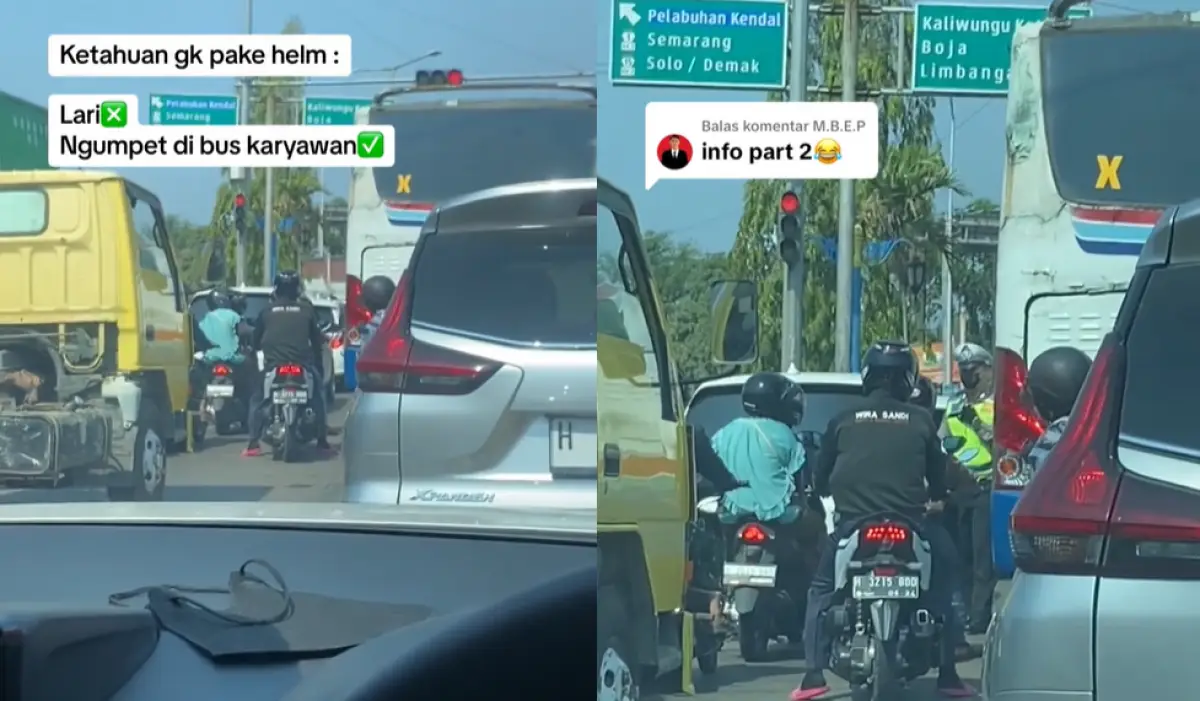 Viral video yang memperlihatkan aksi pengendara yang membonceng tanpa helm nyaris ditilang namun justru nge-prank polisi hingga ngumpet di bus. (Sumber : TikTok @_rumaisback_)