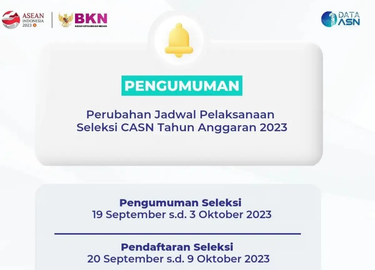 Jadwal CPNS 2023 mundur dari jadwal sebelumnya, pendaftaran seleksi CASN 2023 berubah ke 20 September 2023. (Sumber : BKN)