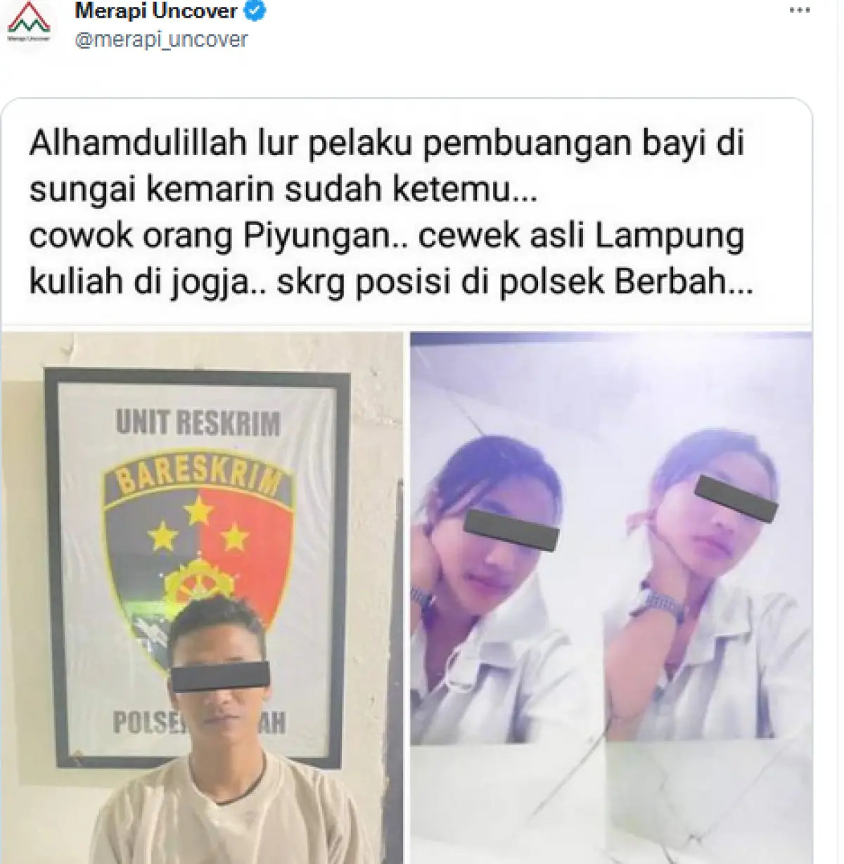 Pelaku pembuangan jasad bayi kembar di Berbah (Sumber : Twitter/@merapi_uncover)