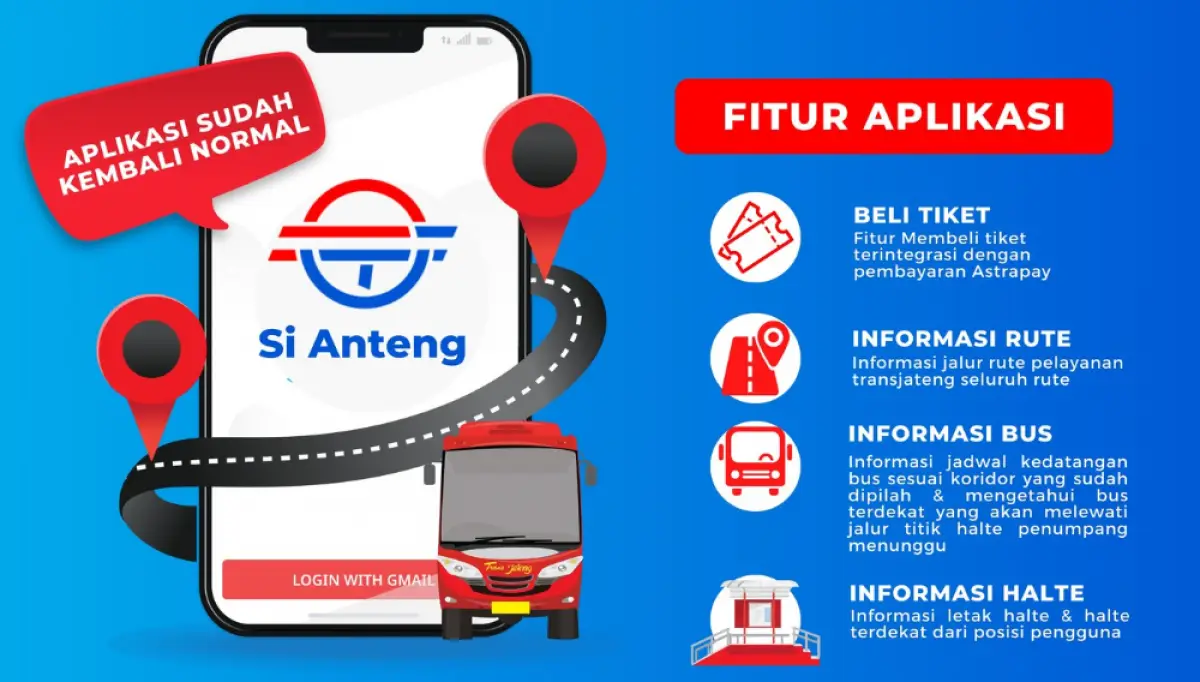 Aplikasi Si Anteng untuk membeli tiket dan mengetahui info rute serta posisi bus Trans Jateng. (Sumber : Instagram @brttransjateng)
