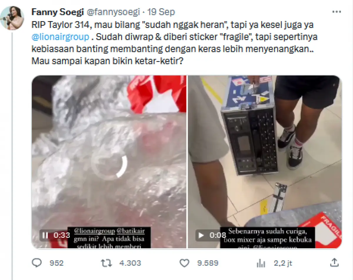 Fanny Soegi Bornean bagikan pengalaman tak mengenakkan saat titipkan barang di bagasi pesawat Batik Air (Sumber : Twitter/@fannysoegi)