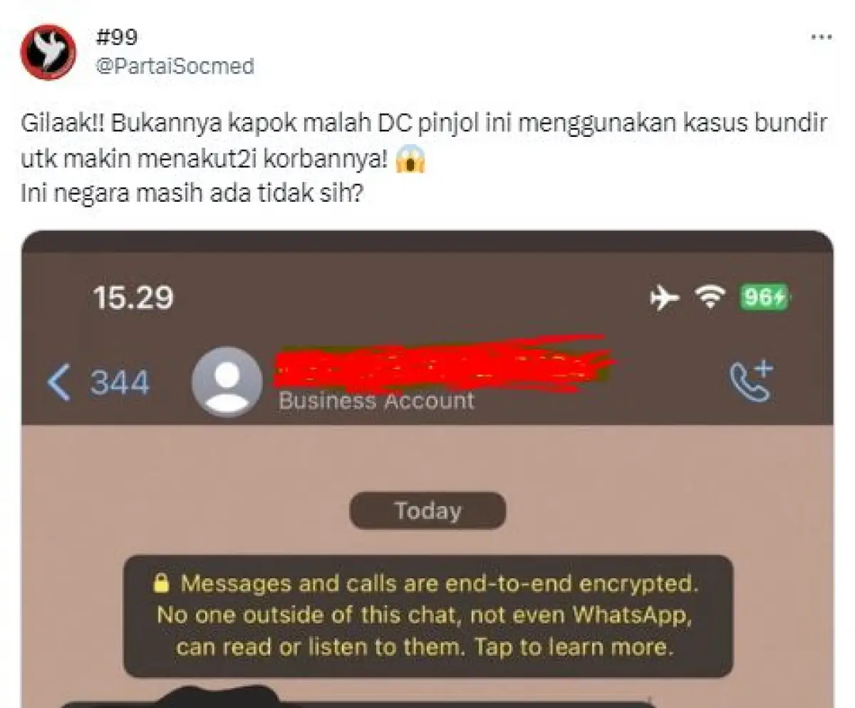 tangkapan layar chat diduga DC pinjol ancam seorang nasabah (Sumber : media sosial X @PartaiSocmed)