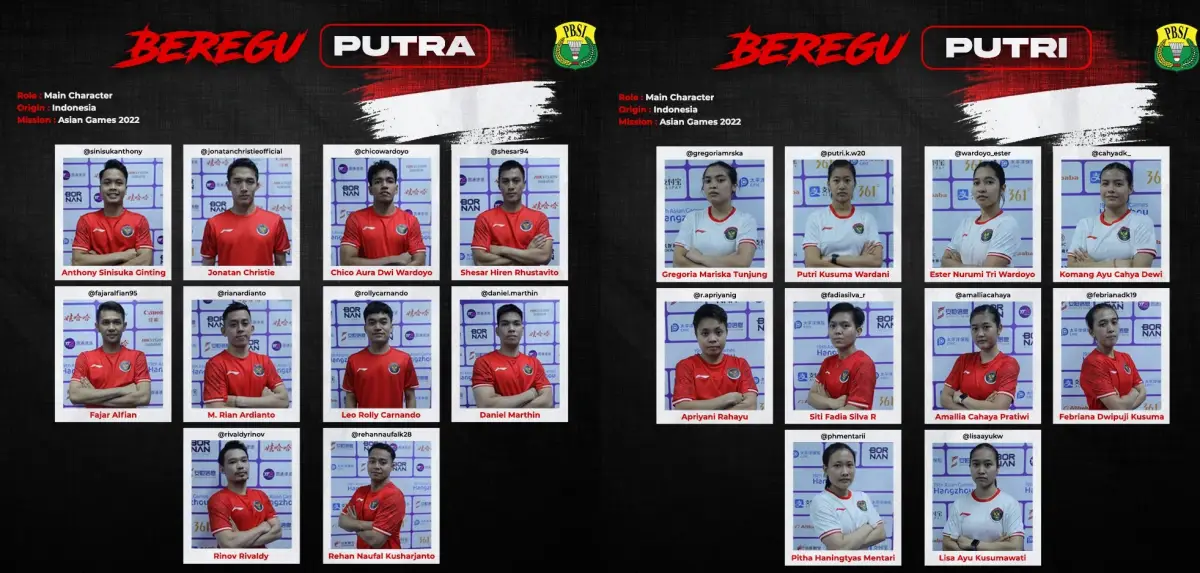 Tim beregu putra dan putri Indonesia di Asian Games 2022 Hangzhou, China. (Sumber : PBSI)