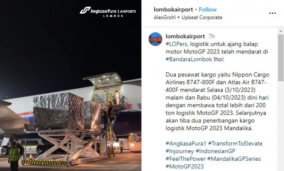 Penampakan Lebih dari 200 Ton Logistik MotoGP Mandalika 2023 Sudah Mendarat di Lombok (Sumber : instagram.com/lombokairport)