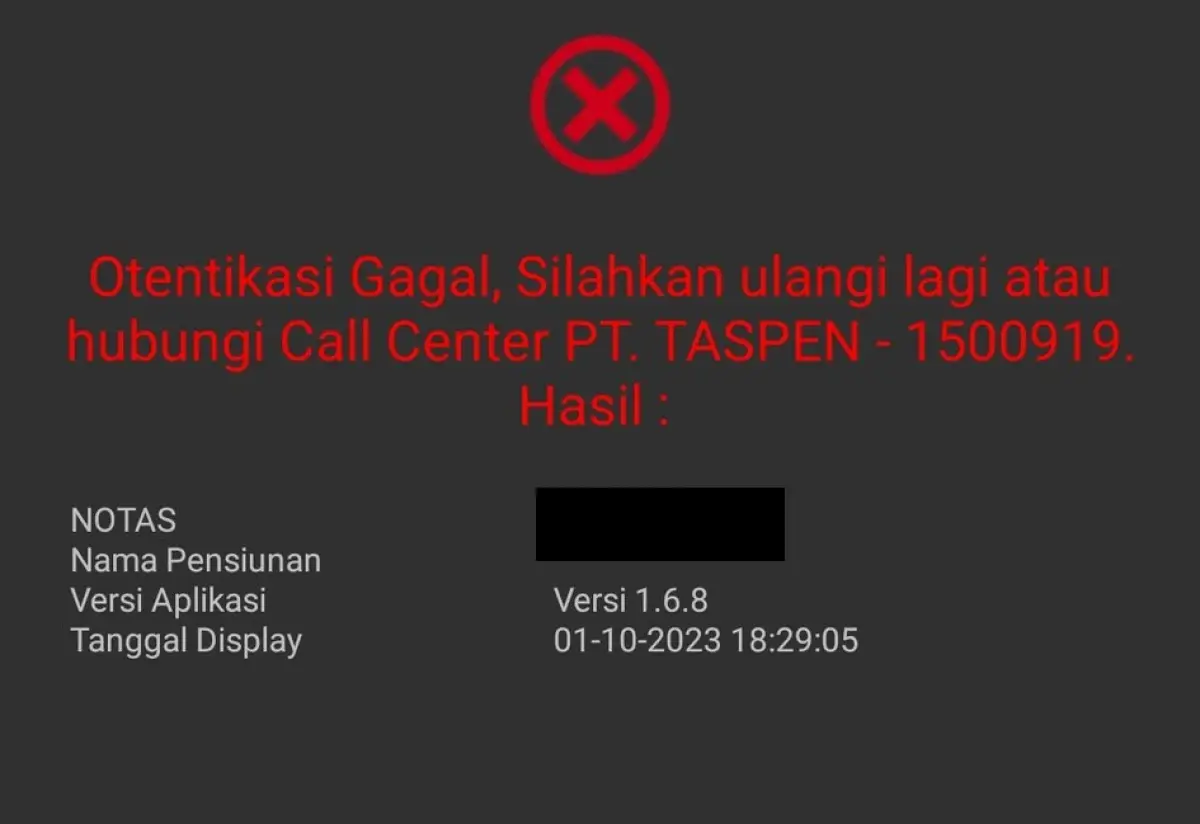 Server Taspen Otentifikasi error dan sibuk, gagal cairkan dana pensiun. (Sumber : Taspen Otentifikasi)