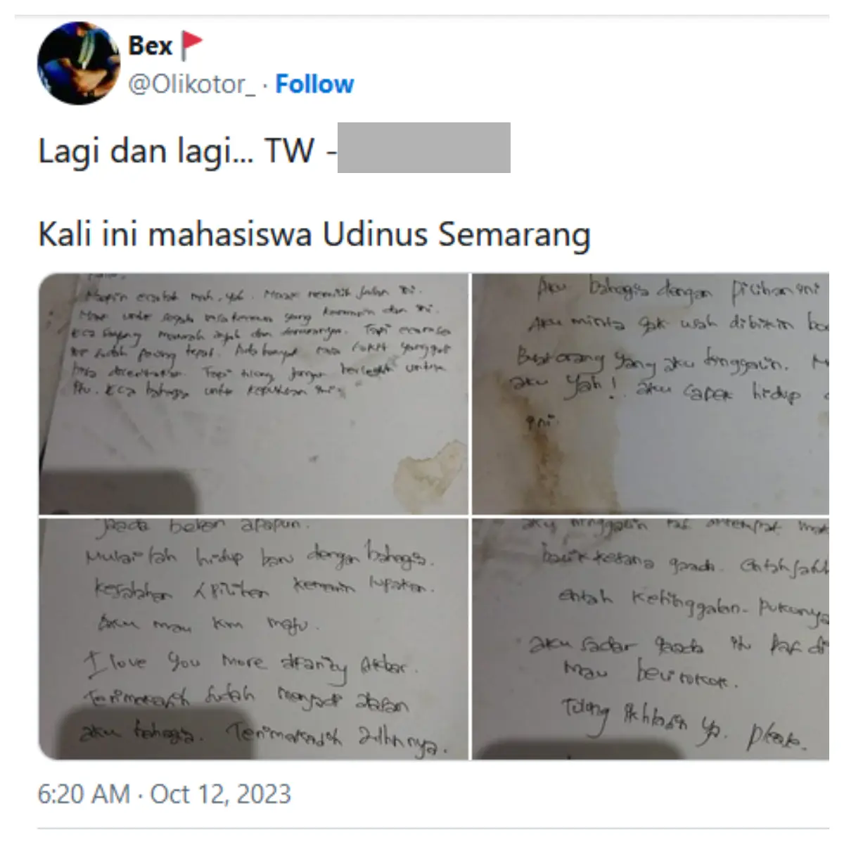 Terjadi Lagi! Mahasiswi Semarang Ditemukan Meninggal Dunia di Kos, Tinggalkan Surat Memilukan untuk Pacar dan Ibu (Sumber : Twitter/olikotor)