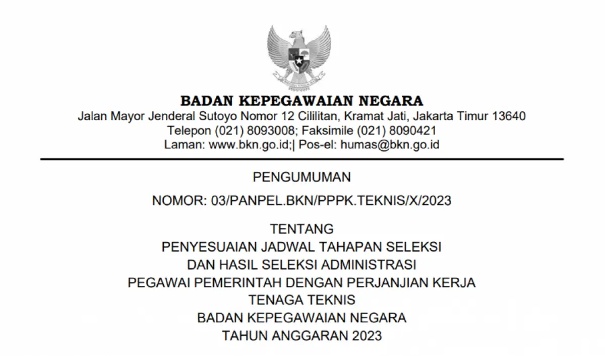 Kabar baik untuk pelamar PPPK Teknis 2023 di BKN, hasil seleksi administrasi sudah bisa diakses melalui https://s.id/HasilSeleksiAdministrasiBKN mulai Senin 16 Oktober 2023. (Sumber : BKN)