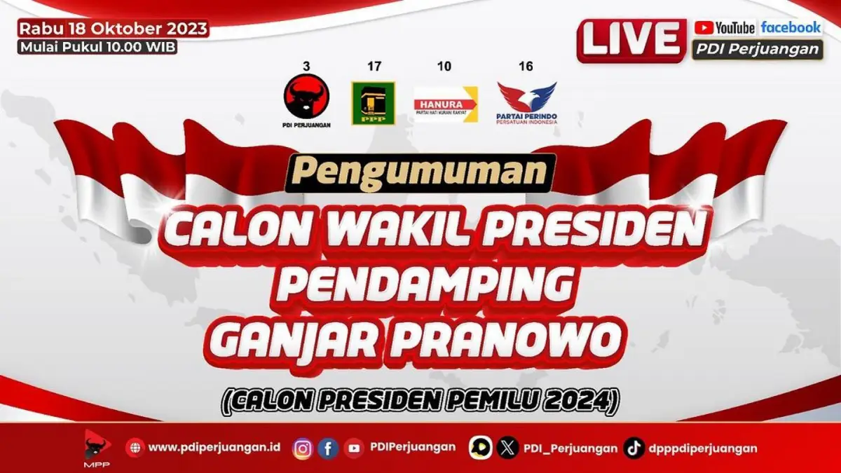 PDI Perjuangan akan mengumumkan cawapres pendamping Ganjar Pranowo di Pilpres 2024, Rabu 18 Oktober 2023 pagi. (Sumber : YouTube PDI Perjuangan)