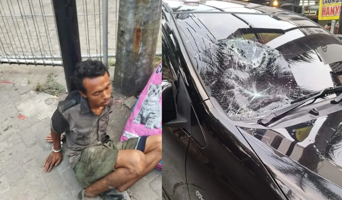 Aksi seorang pria ODGJ ngamuk di Kota Semarang, rusak mobil yang parkir di Bank Jateng Tlogosari hingga kaca bagian depan pecah, Senin 30 Oktober 2023. (Sumber : Instagram @portalsemarang)