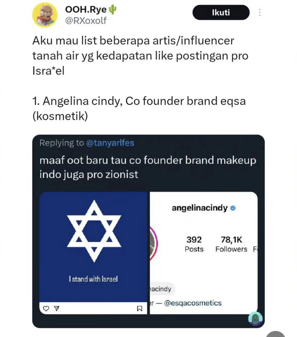 warganet tandai sejumlah artis dan influencer yang dianggap pro Israel (Sumber : instagram @sisiterang.official)