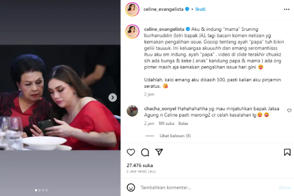 Klarifikasi Celine Evangelista usai disebut terima uang Rp 500 oleh terdakwa perintangan penyidikan kasus korupsi Amelia Sabara. (Sumber : Instagram/celine_evangelista)