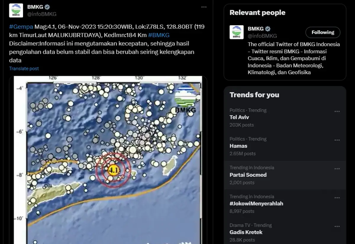Gempa mengguncang wilayah Maluku Barat Daya hari ini, Senin, 6 November 2023. Gempa tersebut memiliki magnitudo 4.1.