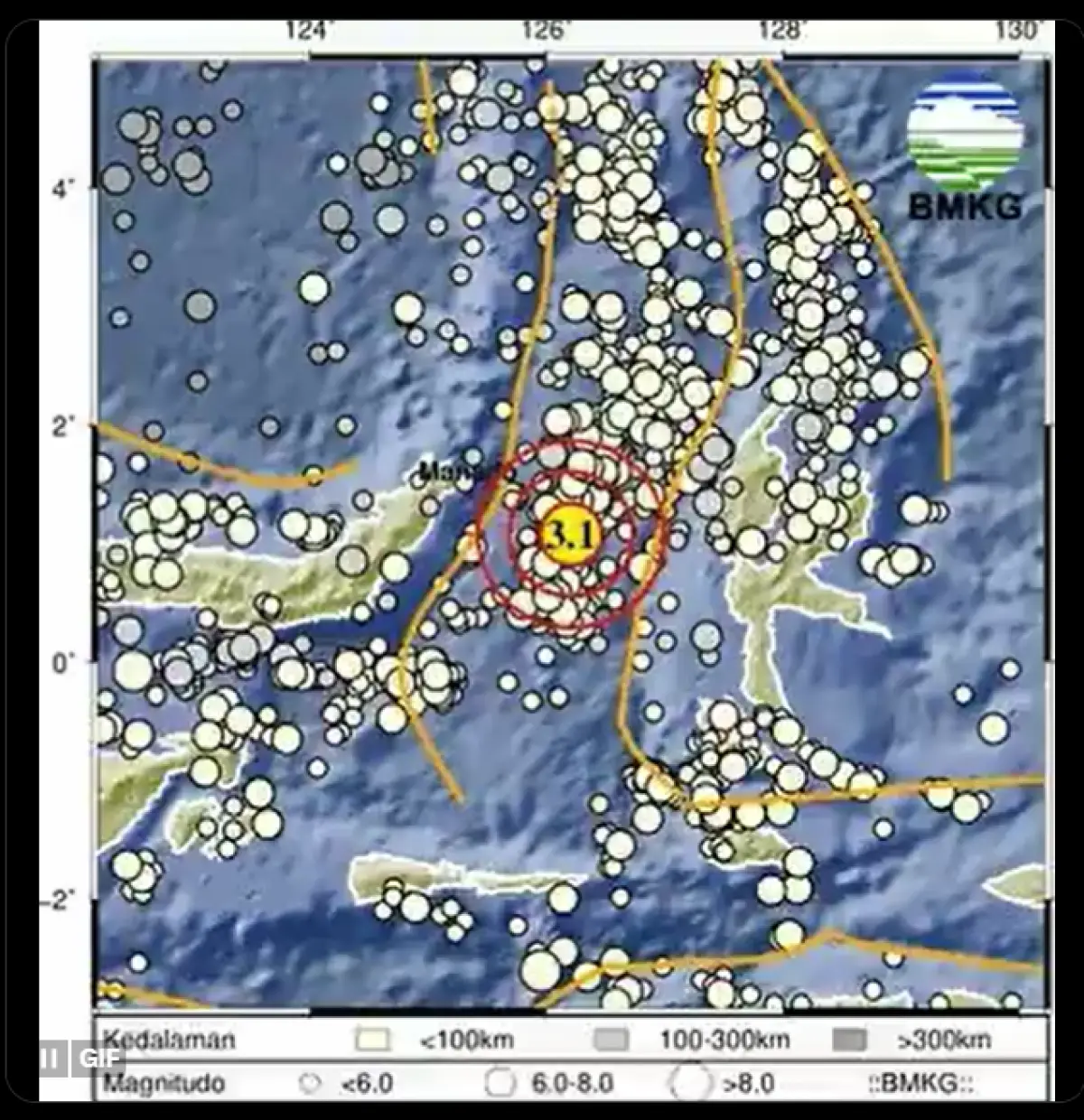 Badan Meteorologi, Klimatologi, dan Geofisika (BMKG) menyampaikan bahwa terjadi gempa di wilayah Bitung, Sulawesi Utara, Senin, 6 November 2023.