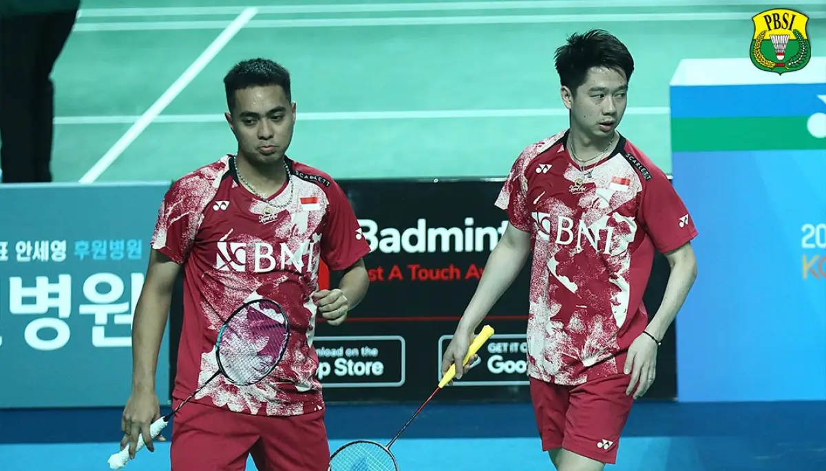 Kevin/Rahmat melaju ke babak 16 besar Korea Masters 2023 setelah wakil Korea Selatan memutuskan mundur pada set kedua pertandingan, Selasa 7 November 2023. (Sumber : PBSI)